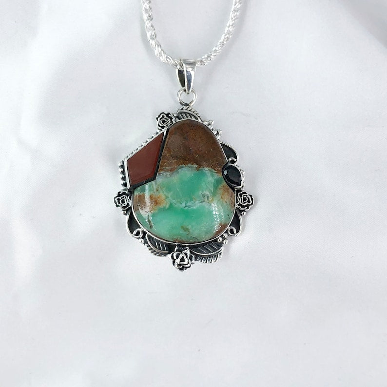 925 Sterling Silver Natural Chrysoprase Gemstone Pendant Multi Gemstone Pendant Gift For Her