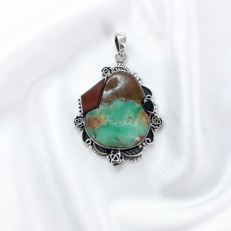 925 Sterling Silver Natural Chrysoprase Gemstone Pendant Multi Gemstone Pendant Gift For Her