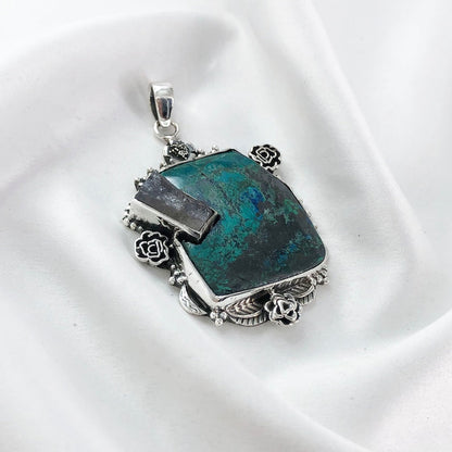 Chrysocolla Gemstone 925 Sterling Silver Chrysocolla and Raw Amethyst Pendant Special Gift For Her