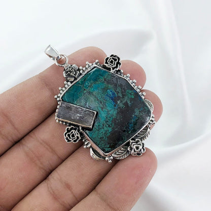 Chrysocolla Gemstone 925 Sterling Silver Chrysocolla and Raw Amethyst Pendant Special Gift For Her