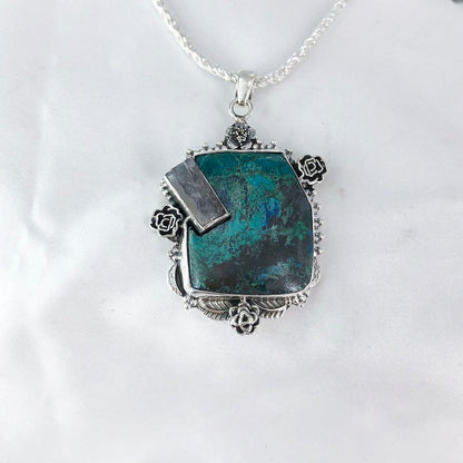 Chrysocolla Gemstone 925 Sterling Silver Chrysocolla and Raw Amethyst Pendant Special Gift For Her