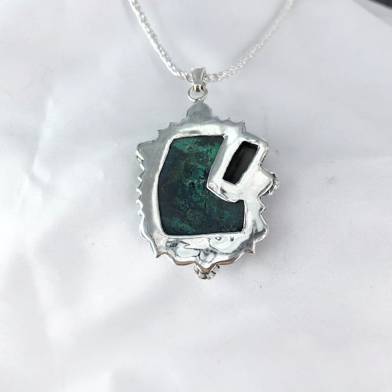 Chrysocolla Gemstone 925 Sterling Silver Chrysocolla and Raw Amethyst Pendant Special Gift For Her