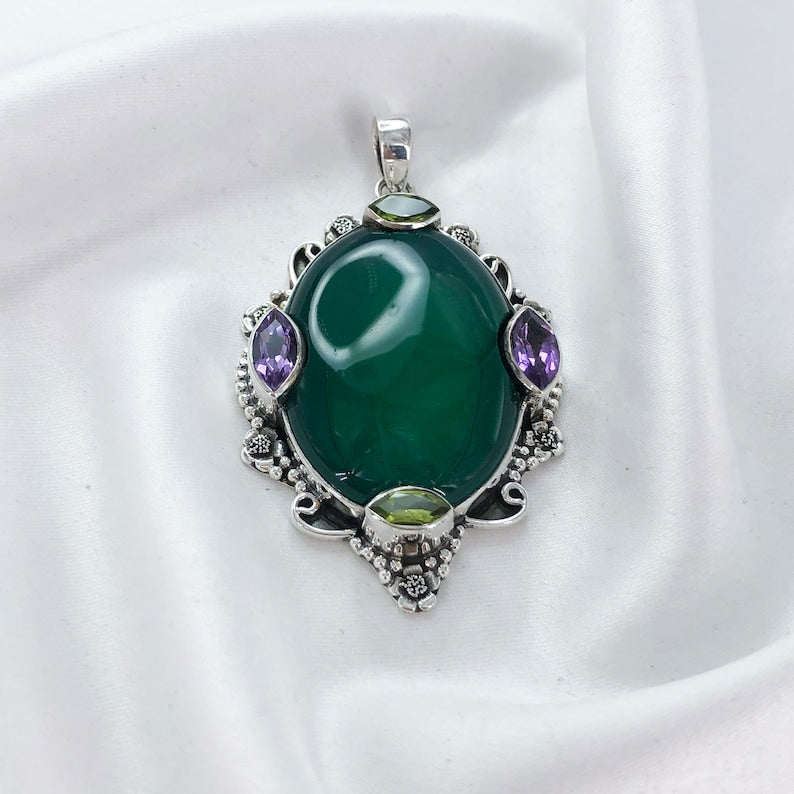 Natural Green Onyx Gemstone 925 Sterling Silver Boho Pendant Gift For Her