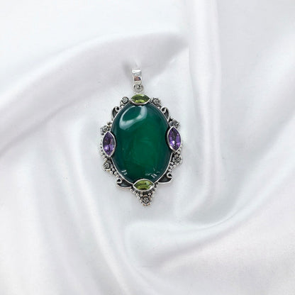 Natural Green Onyx Gemstone 925 Sterling Silver Boho Pendant Gift For Her