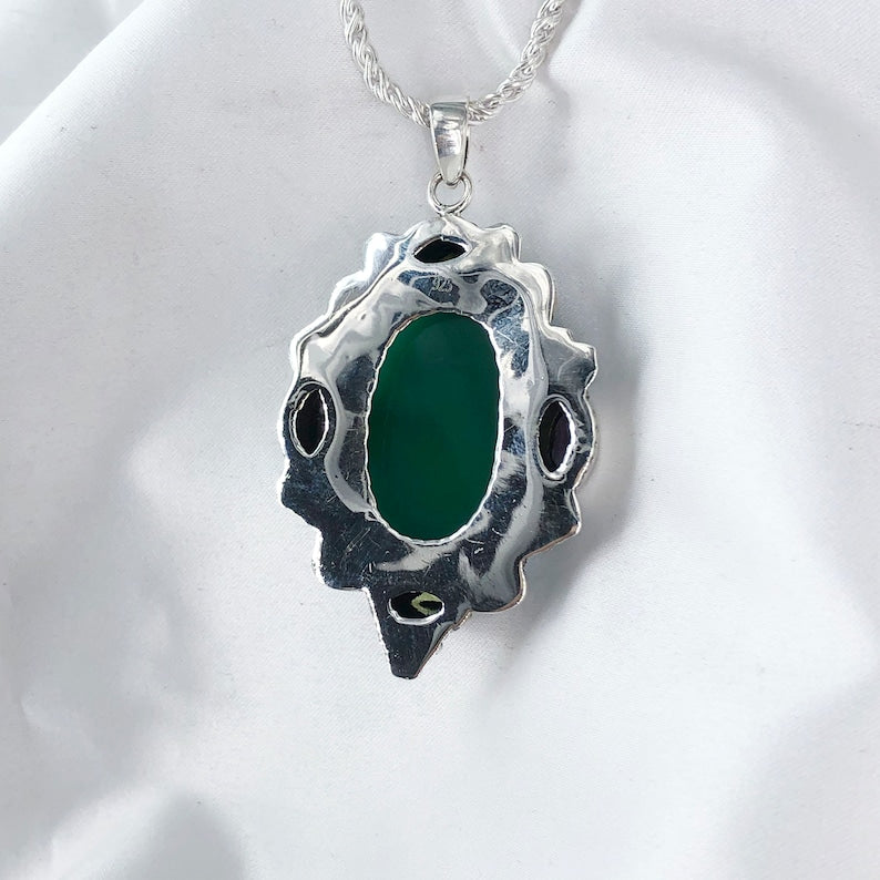 Natural Green Onyx Gemstone 925 Sterling Silver Boho Pendant Gift For Her