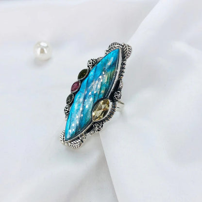 925 Sterling Silver Labradorite Gemstone Boho Statement Women Multi Gemstone Ring Gift For Her