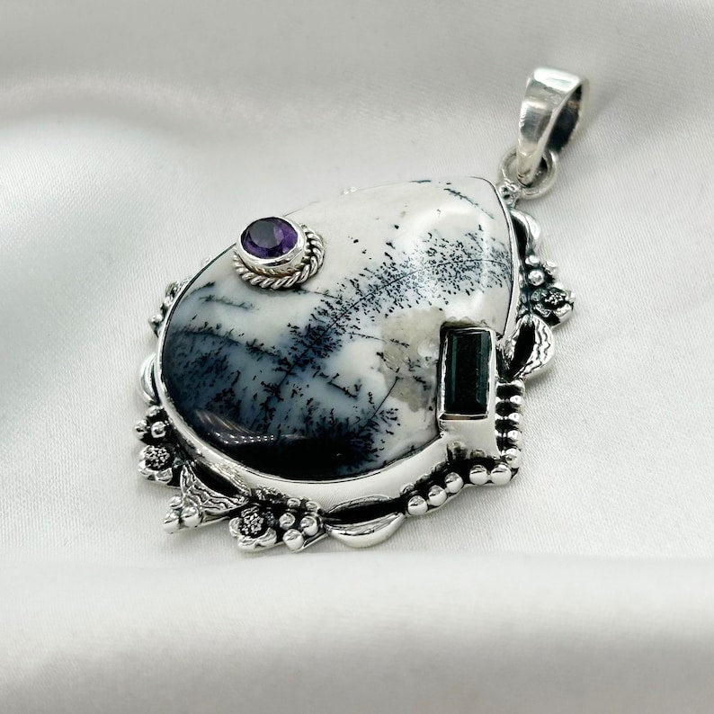 Dendrite Opal 925 Sterling Silver Pendant Raw Amethyst Pendant Green Onyx Pendant Jewelry Gift For Her