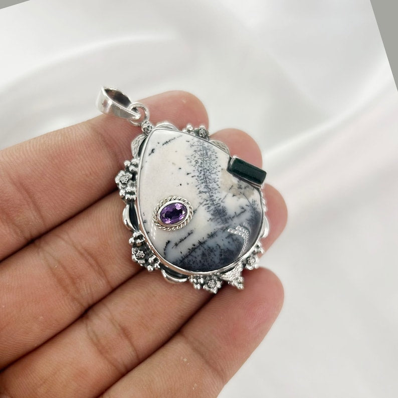 Dendrite Opal 925 Sterling Silver Pendant Raw Amethyst Pendant Green Onyx Pendant Jewelry Gift For Her