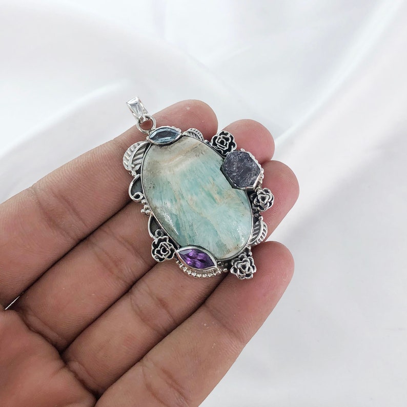 Natural Amazonite Gemstone 925 Sterling Silver Pendant Multi Stone Statement Pendant