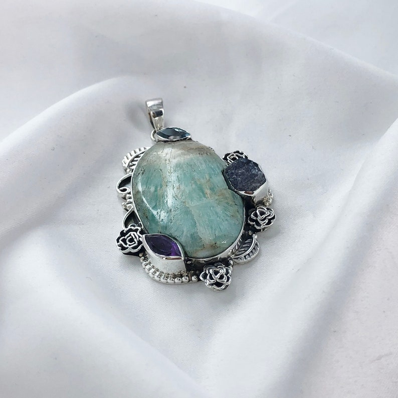 Natural Amazonite Gemstone 925 Sterling Silver Pendant Multi Stone Statement Pendant