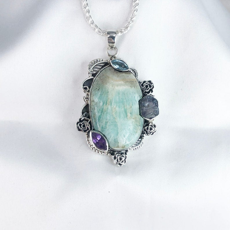 Natural Amazonite Gemstone 925 Sterling Silver Pendant Multi Stone Statement Pendant