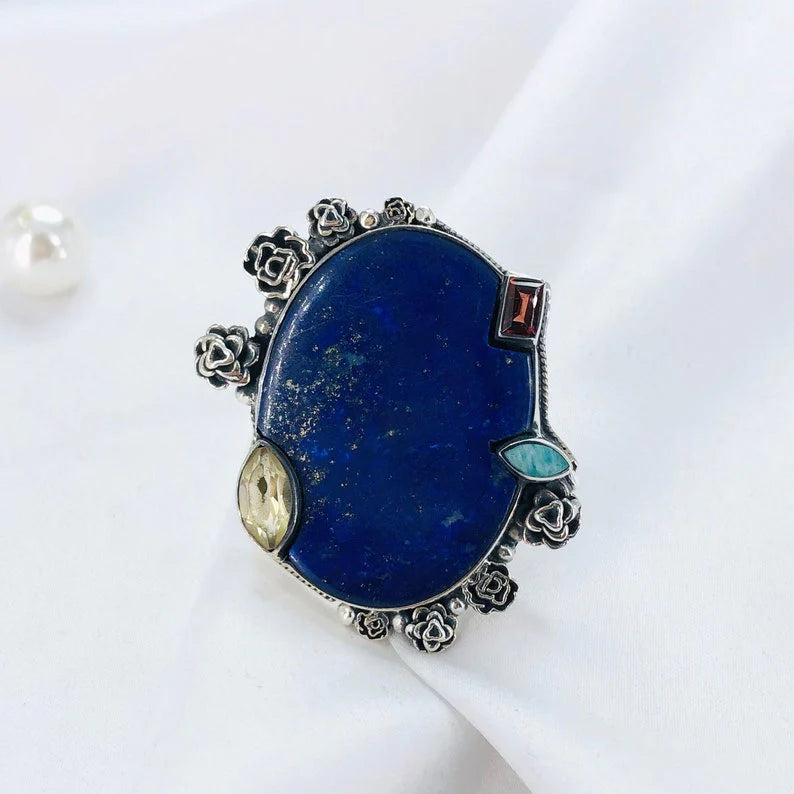 925 Sterling Silver Natural Lapis Lazuli Gemstone Ring Statement Boho Ring Gift Jewelry