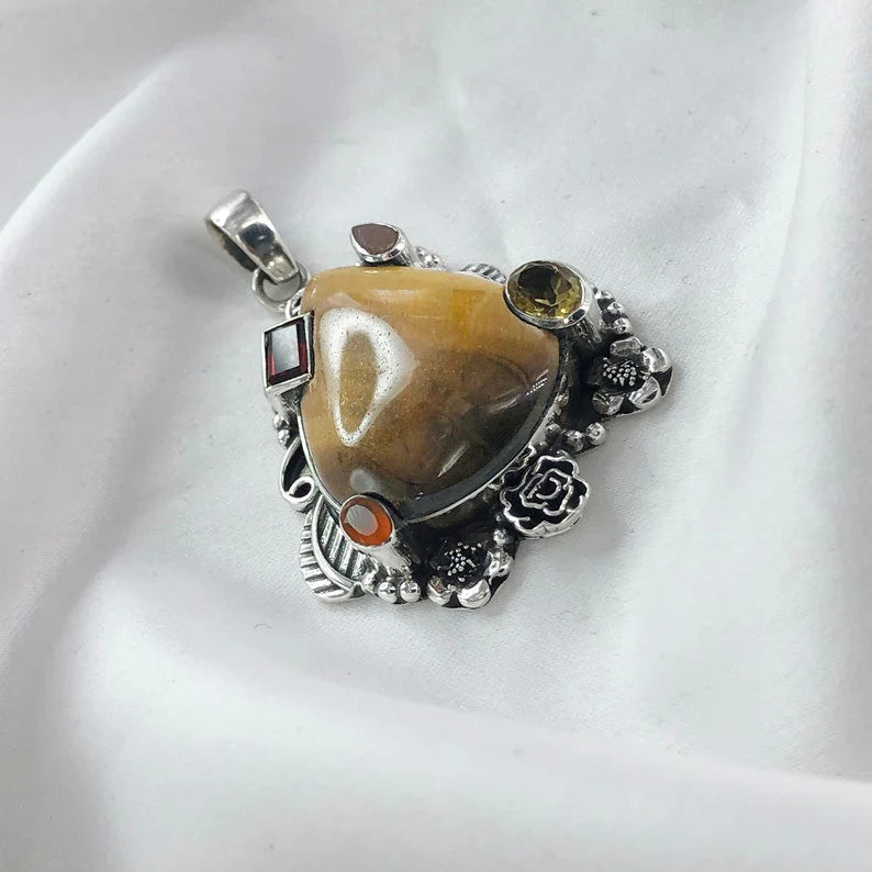 Multi Gemstone Pendant 925 Sterling Silver Tiger Eye Gemstone Women's Pendant