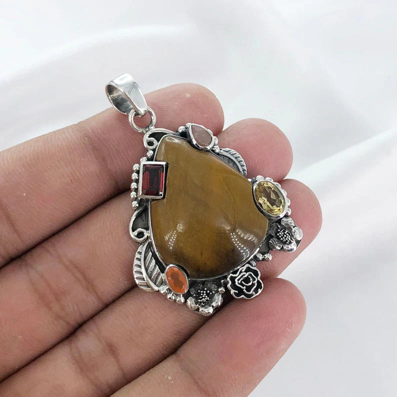 Multi Gemstone Pendant 925 Sterling Silver Tiger Eye Gemstone Women's Pendant