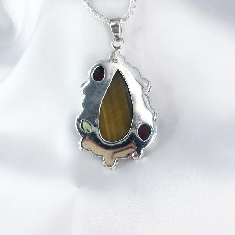 Multi Gemstone Pendant 925 Sterling Silver Tiger Eye Gemstone Women's Pendant