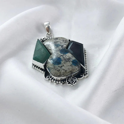 Natural K2 Jasper, Green Onyx and Black Onyx 925 Sterling Silver Pendant Gift For Her