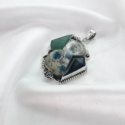 Natural K2 Jasper, Green Onyx and Black Onyx 925 Sterling Silver Pendant Gift For Her