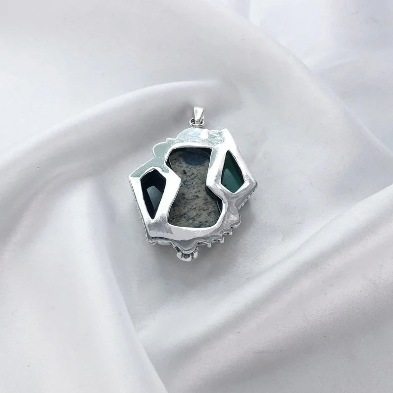 Natural K2 Jasper, Green Onyx and Black Onyx 925 Sterling Silver Pendant Gift For Her