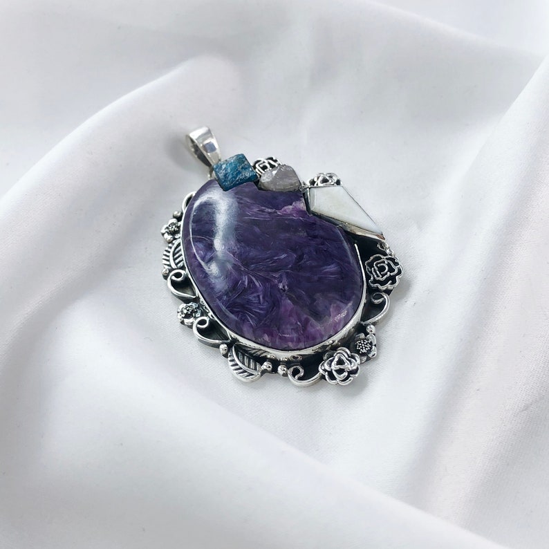 925 Sterling Silver Charoite Pendant Multi Gemstone Statement Pendant