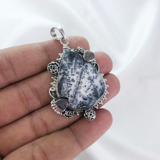 Unique Dendrite Opal Gemstone Sterling Silver Boho Pendant Gift For Her