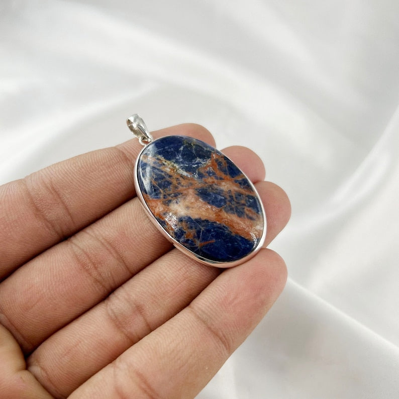 Natural Sodalite Gemstone 925 Sterling Silver Women Statement Pendant