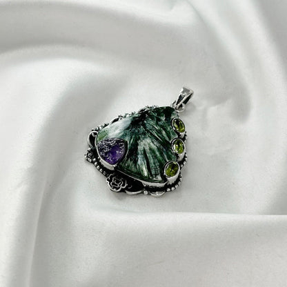 925 Sterling Silver Natural Seraphinite Gemstone Pendant Gift For Her