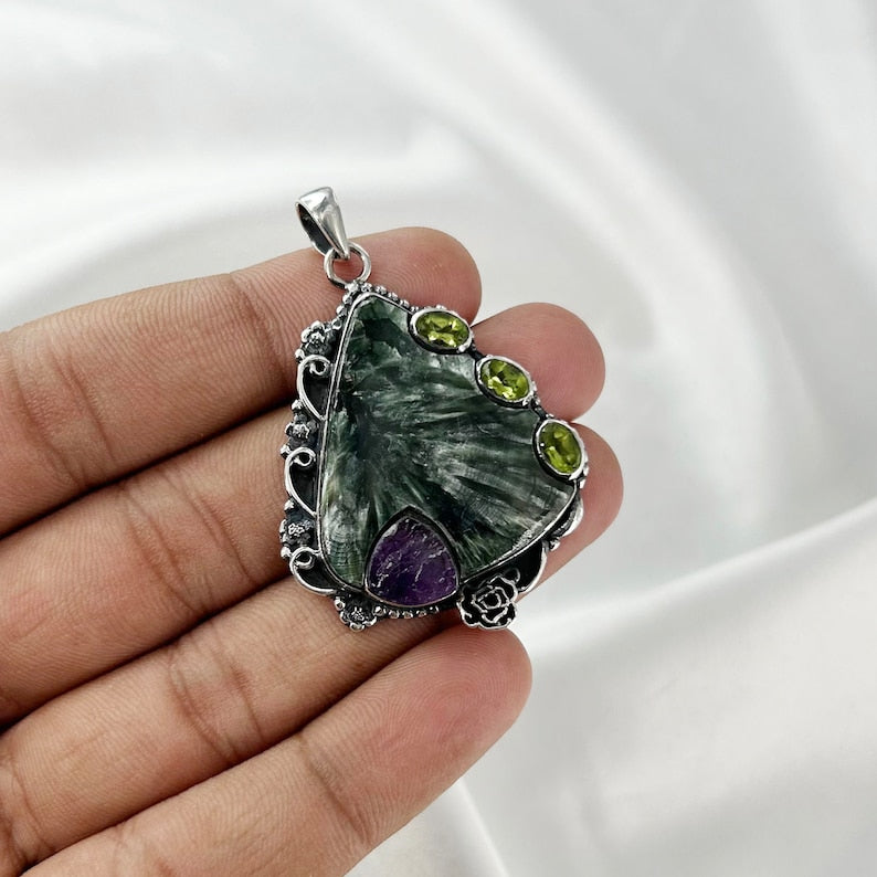 925 Sterling Silver Natural Seraphinite Gemstone Pendant Gift For Her