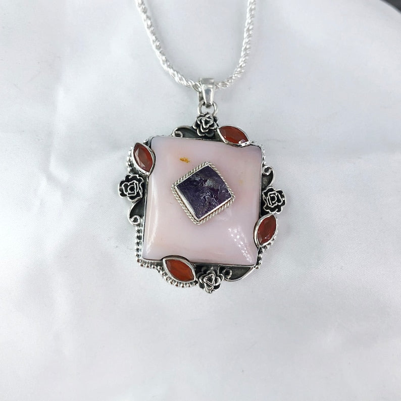 925 Sterling Silver Pink Opal Pendant Carnelian and Amethyst Gemstone Statement Pendant Gift For Her