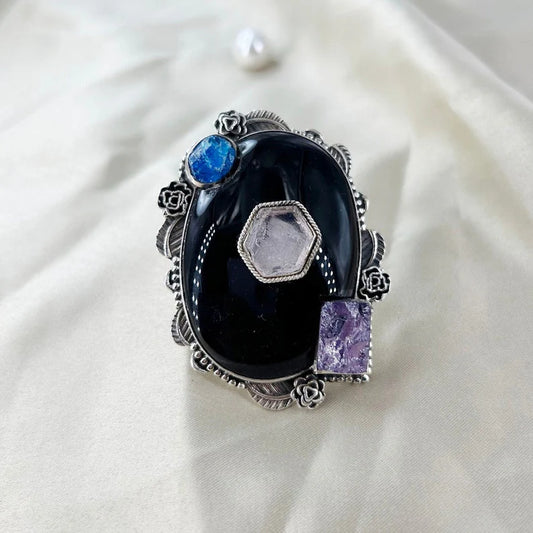 Natural Black Onyx, Rose Quartz, Amethyst and Apatite Gemstone 925 Sterling Silver Ring