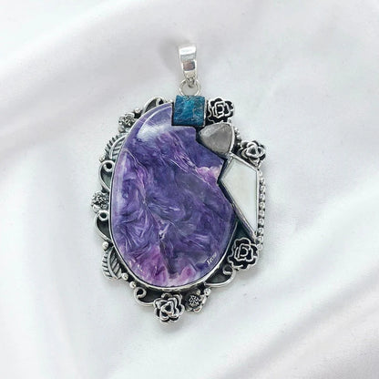 925 Sterling Silver Charoite Pendant Multi Gemstone Statement Pendant