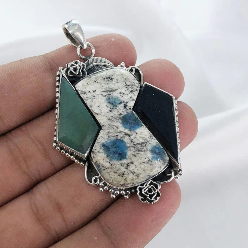 Natural K2 Jasper, Green Onyx and Black Onyx 925 Sterling Silver Pendant Gift For Her