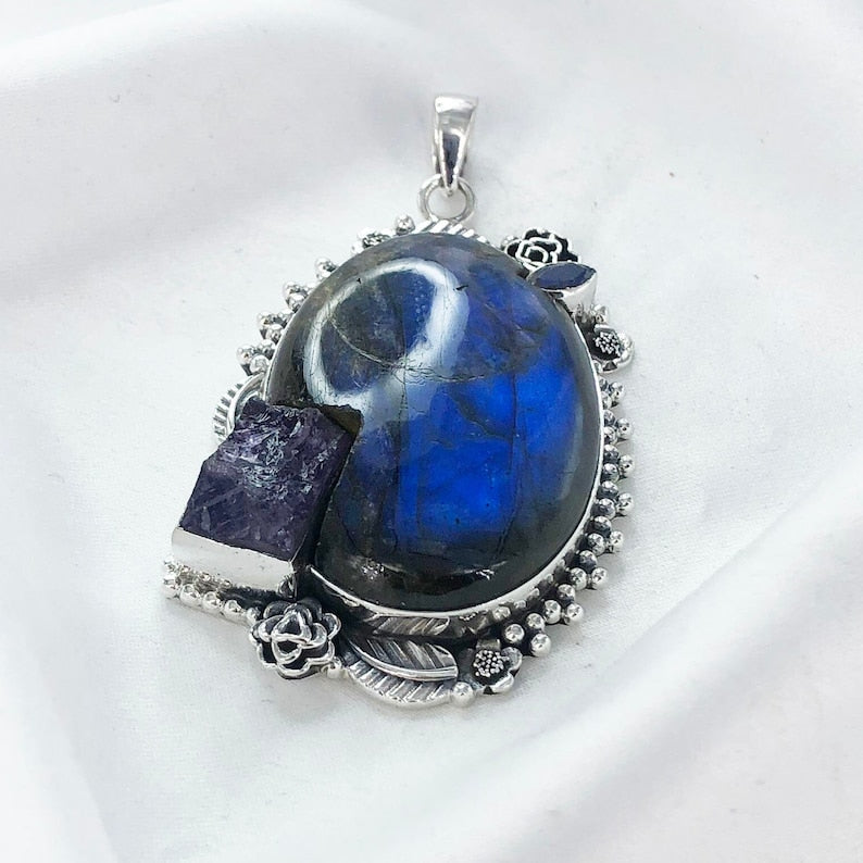 Labradorite Pendant 925 Sterling Silver Pendant Amethyst and Labradorite Gemstone Pendant Gift For Her