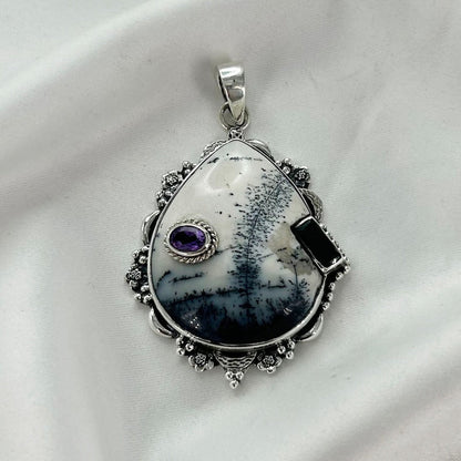 Dendrite Opal 925 Sterling Silver Pendant Raw Amethyst Pendant Green Onyx Pendant Jewelry Gift For Her