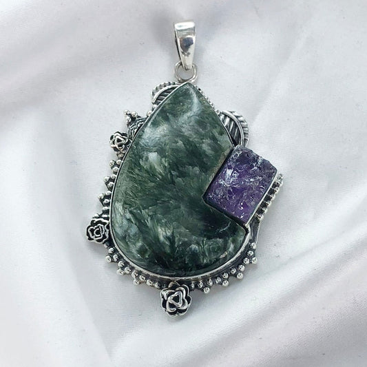 Unique Seraphinite Gemstone 925 Sterling Silver Statement Pendant Jewelry