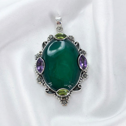 Natural Green Onyx Gemstone 925 Sterling Silver Boho Pendant Gift For Her