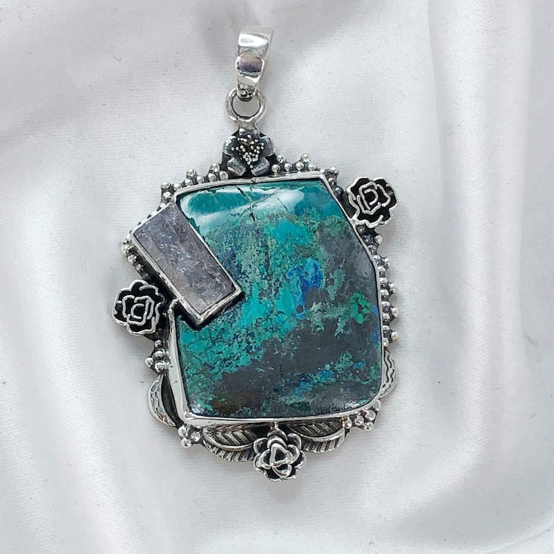 Chrysocolla Gemstone 925 Sterling Silver Chrysocolla and Raw Amethyst Pendant Special Gift For Her