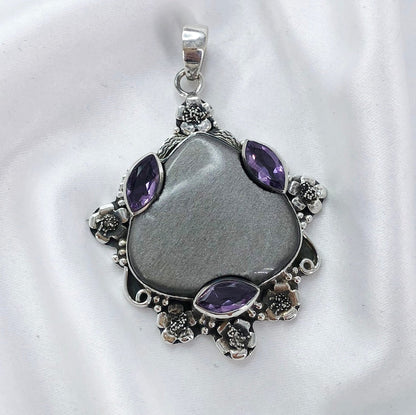 925 Sterling Silver Sheen Obsidian Gemstone Boho Pendant Amethyst Gemstone Pendant Gift For Her