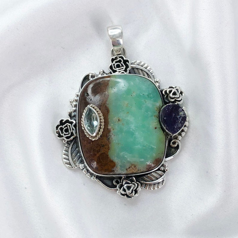 925 Sterling Silver Chrysoprase Gemstone Women's Statement Pendant Gift For Her