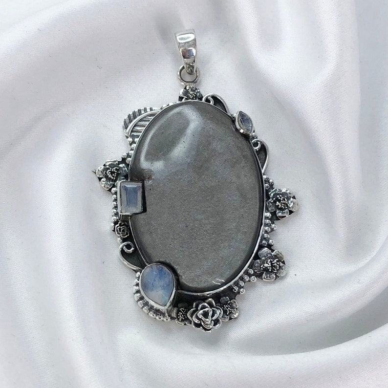 Natural Rainbow Moonstone Necklace 925 Sterling Silver Sheen Obsidian Unique Gemstone Pendant Gift For Her