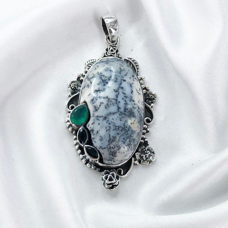 Natural Unique Dendrite Opal Pendant 925 Sterling Silver Black Onyx and Green Onyx Pendant