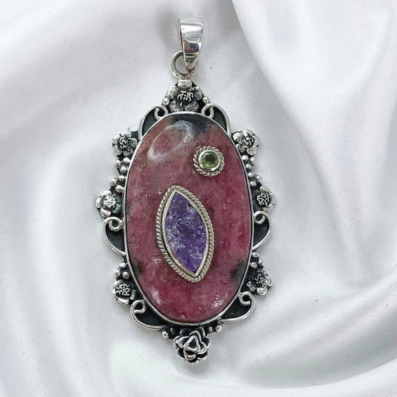 Natural Rhodonite Gemstone 925 Sterling Silver Boho Pendant Multi Gemstone Pendant Gift