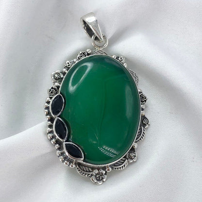 925 Sterling Silver Green Onyx Gemstone Statement Pendant