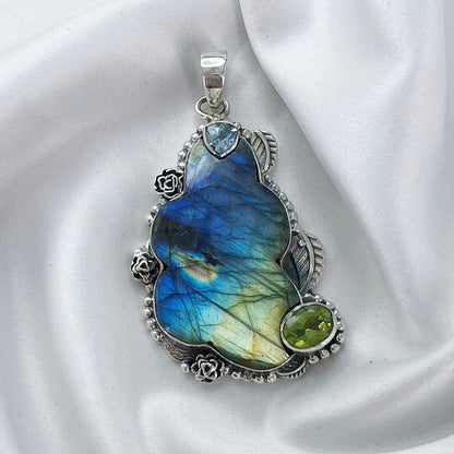 Blue Fire Labradorite Gemstone 925 Sterling Silver Pendant Multi Gemstone Pendant Gift For Her