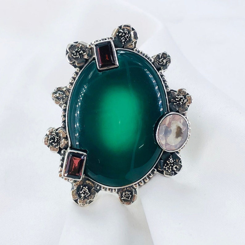 Natural Green Onyx Gemstone 925 Sterling Silver Boho Statement Ring Gift For Her