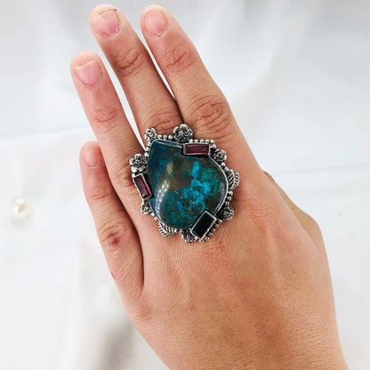 Multi Gemstone Ring 925 Sterling Silver Chrysocolla Gemstone Boho Statement Ring For Her