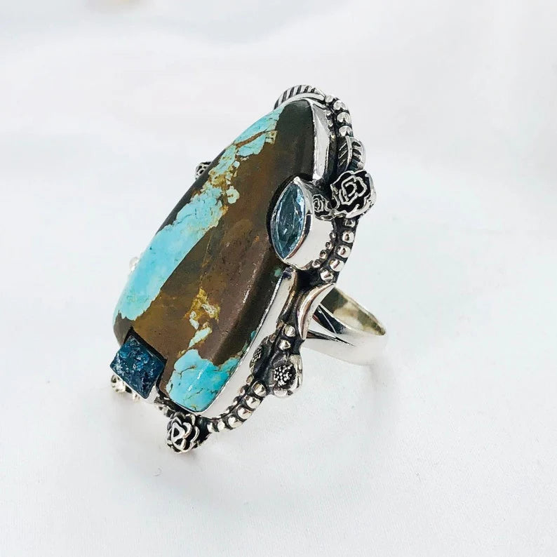 Genuine Turquoise Gemstone Ring 925 Sterling Silver Blue Topaz Ring Gift For Women