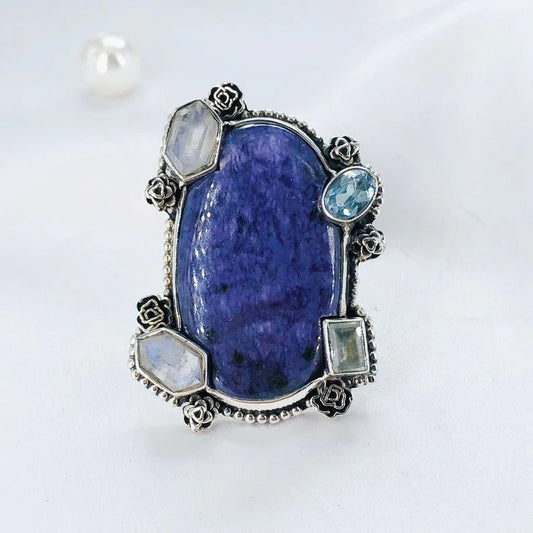 Multi Stone Ring 925 Sterling Silver Charoite Gemstone Statement Women Ring