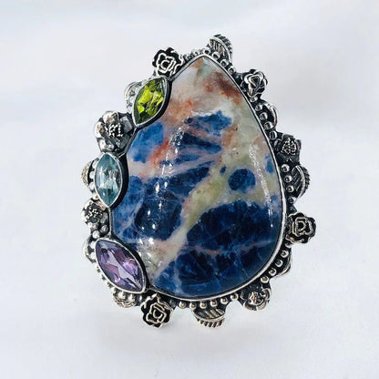 Natural Sodalite Gemstone Multi Stone Ring 925 Sterling Silver Ring Women's Ring Gift For Her