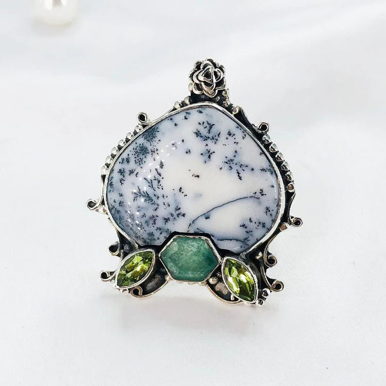 Multi Stone Ring 925 Sterling Silver Natural Dendrite Opal Gemstone Ring