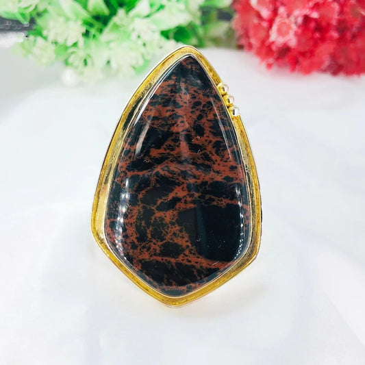 Mahogany Jasper Gemstone 925 Sterling Silver Gold Plated Statement Ring Gift For Her